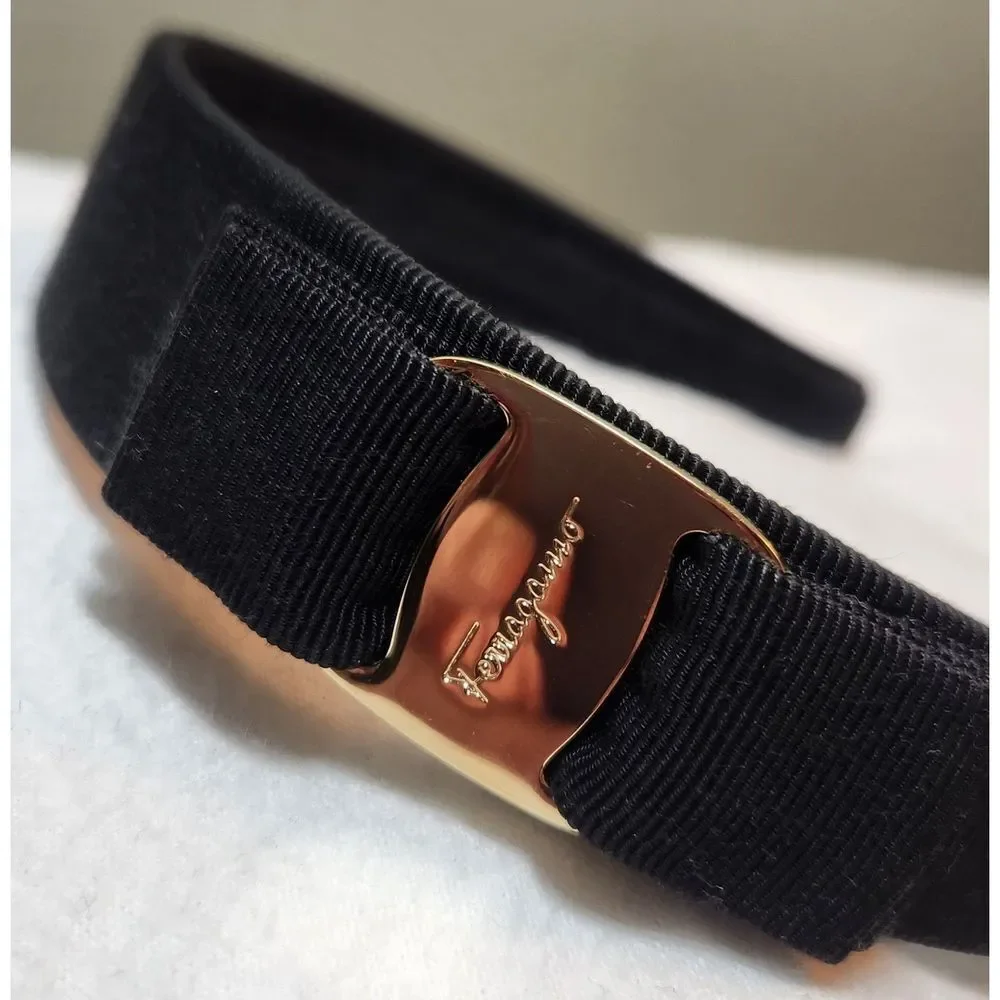 Ferragamo Vara Black Grosgrain Headband with Bow and Logo Hardware